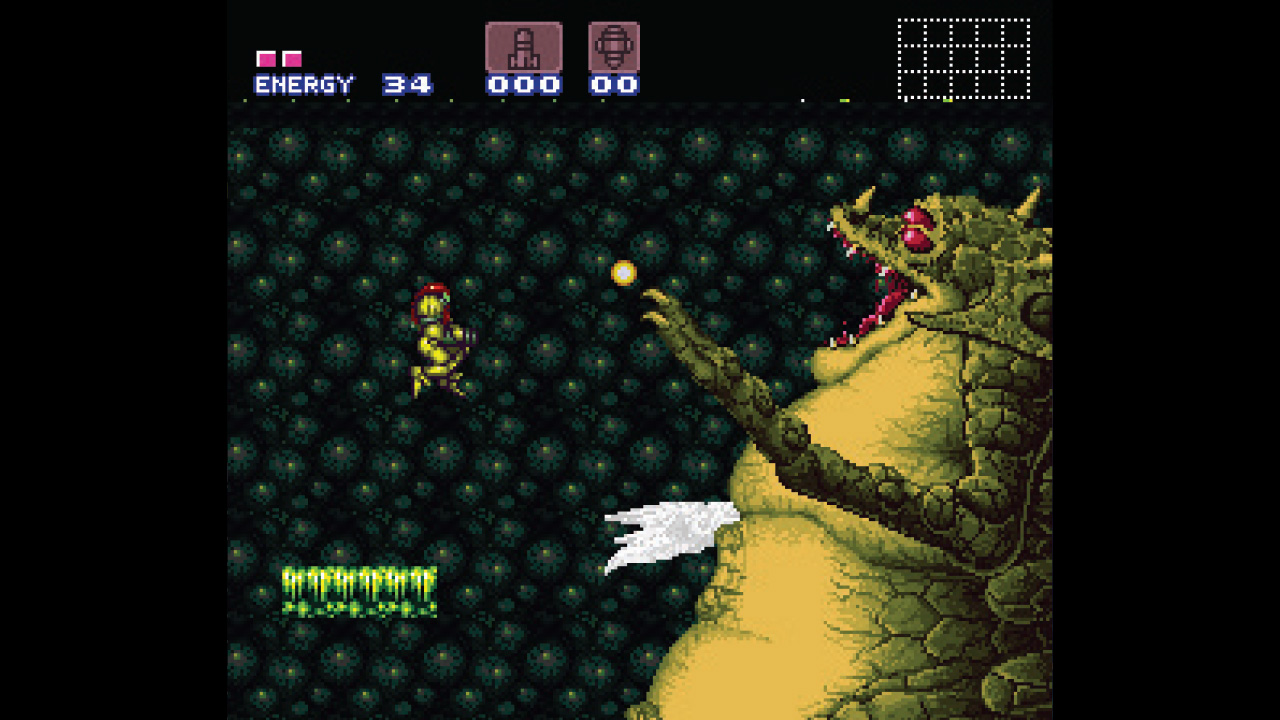 Fighting Kraid, a gigantic dinosaur-like boss, in Super Metroid