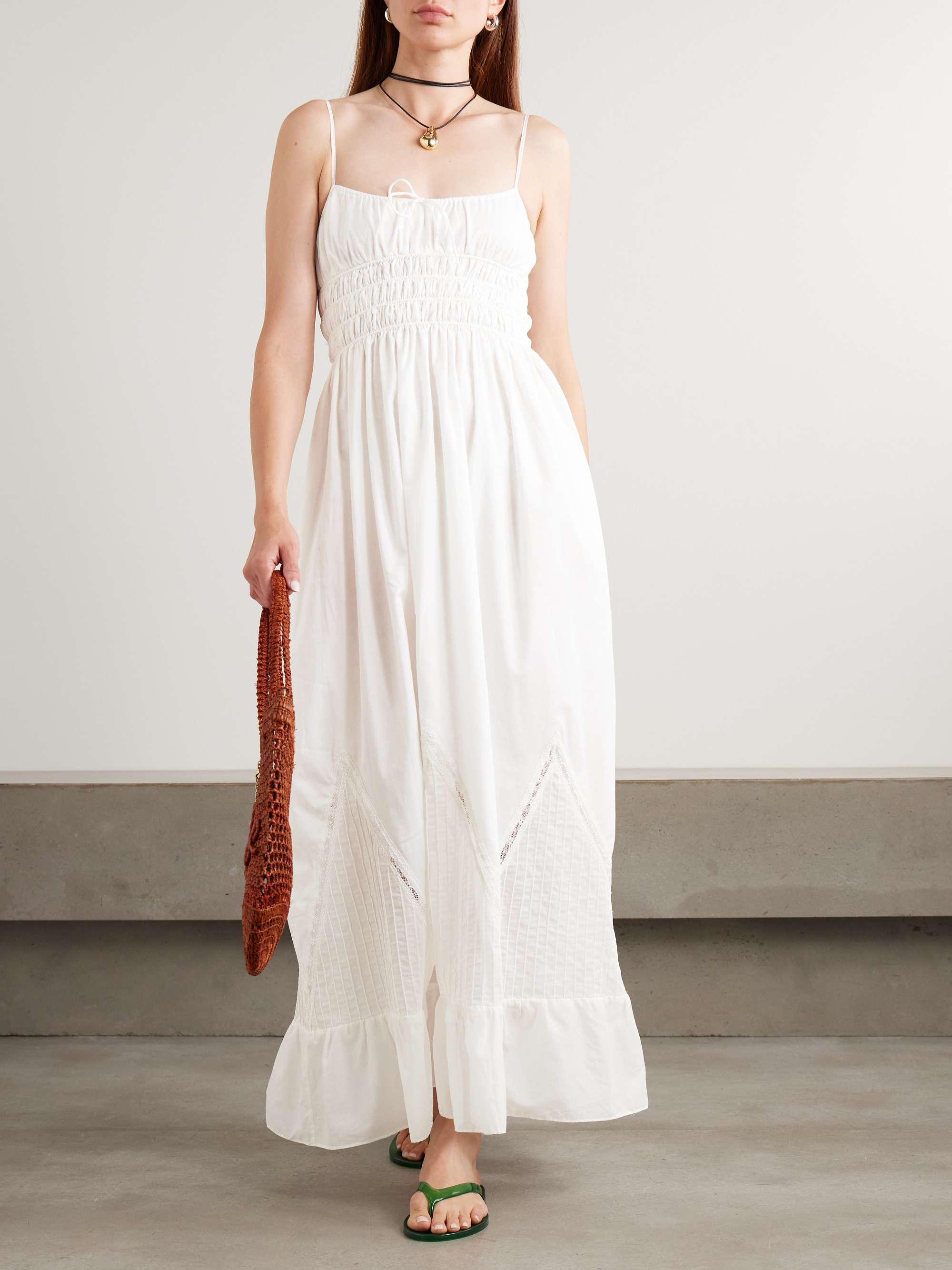 Meline Lace-Trimmed Pintucked Shirred Cotton-Voile Maxi Dress
