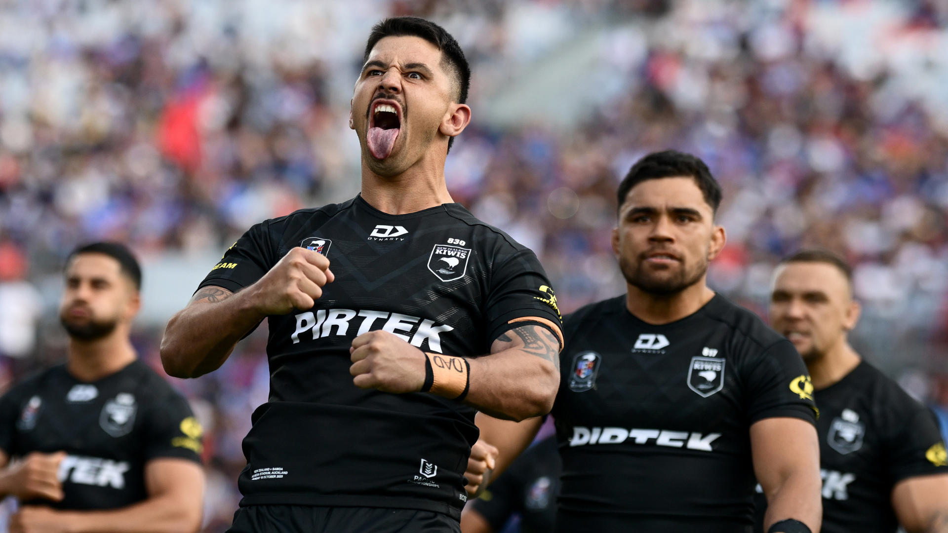 Jeremy Marshall-King of the Kiwis peforms the haka ahead of the Men's Pacific Championships match between New Zealand Kiwis and Toa Samoa at Go Media Stadium on October 19, 2025 in Auckland, New Zealand.