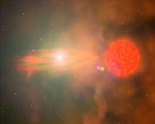 A red giant star (foreground) loses its outer layers due to solar wind and the material is accumulated by a nearby white dwarf star, which eventually triggers a supernova explosion like the observed PTF 11kx. Released Aug. 23, 2012.