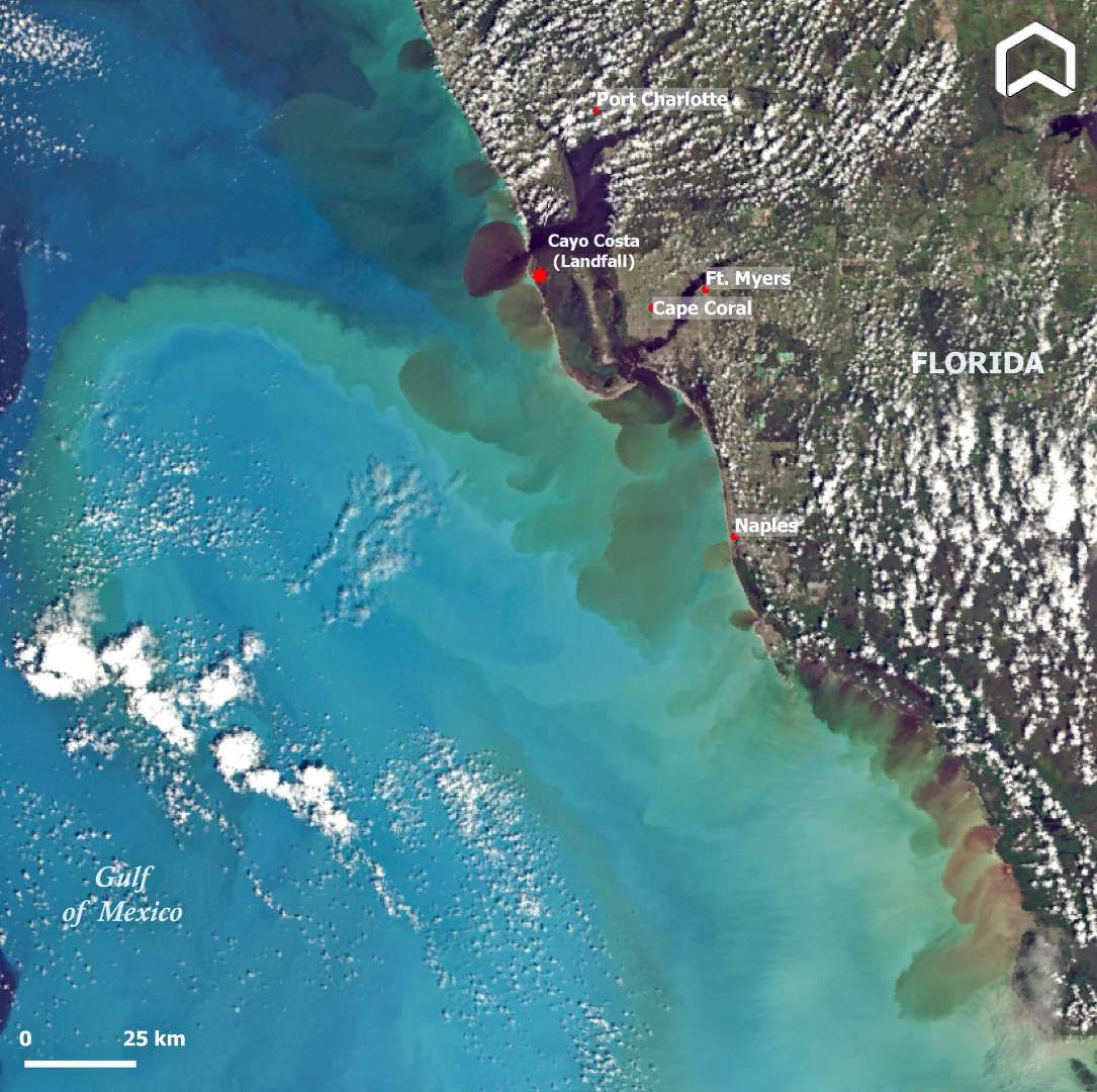 Plumes of runoff water from the coast polluting the Gulf of Mexico in the wake of Hurricane Ian.