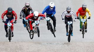 Justin Posey of USA, Sergio Ignacio Salazar Lopez of Colombia, Nicholas Long of USA, Romain Riccardi of Italy, Tre Whyte of Great Britain and Arminas Kazlauskis of Lithuania compete in the the UCI BMX World Championships.