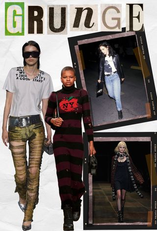 90s grunge fashion is shown in a collage with a photo of Winona Ryder and three models on the runway wearing grunge-inspired looks