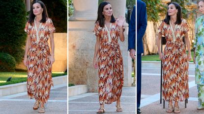 Composite of three pictures of Queen Letizia wearing a printed dress with flat sandals as she hosts a dinner for authorities at the Marivent Palace