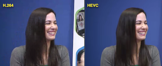 The same video rate encoded at 420kbps in H.264 (left) and HEVC (right). Credit: Vcodex