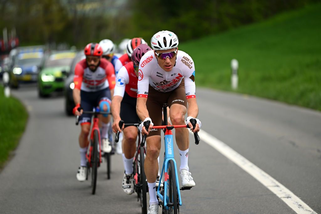 VALLE DE JOUX SWITZERLAND APRIL 26 Michael Schar of Switzerland and Ag2R Citron Team competes in the breakaway during the 76th Tour De Romandie 2023 Stage 1 a 1709km stage from Crissier to Valle de Joux 1019m UCIWT on April 26 2023 in Valle de Joux Switzerland Photo by Dario BelingheriGetty Images
