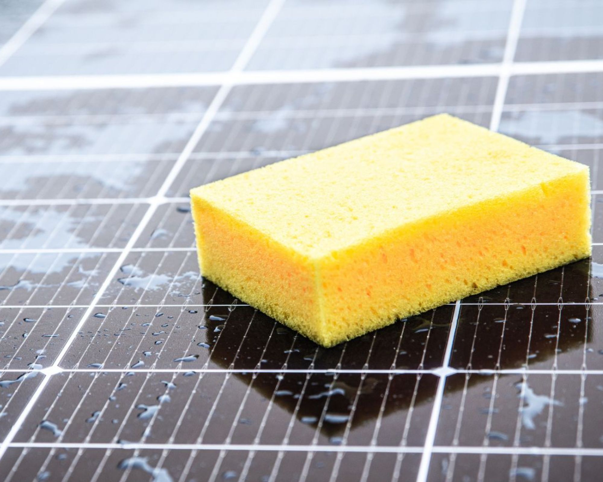 Cleaning a solar panel with a yellow sponge
