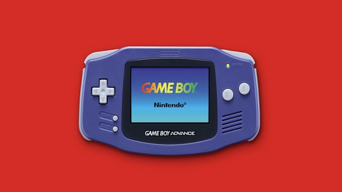 A purple Game Boy Advance against a red background