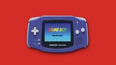 A purple Game Boy Advance against a red background