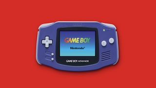 A purple Game Boy Advance against a red background
