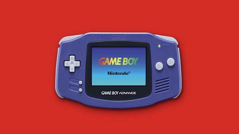 A purple Game Boy Advance against a red background