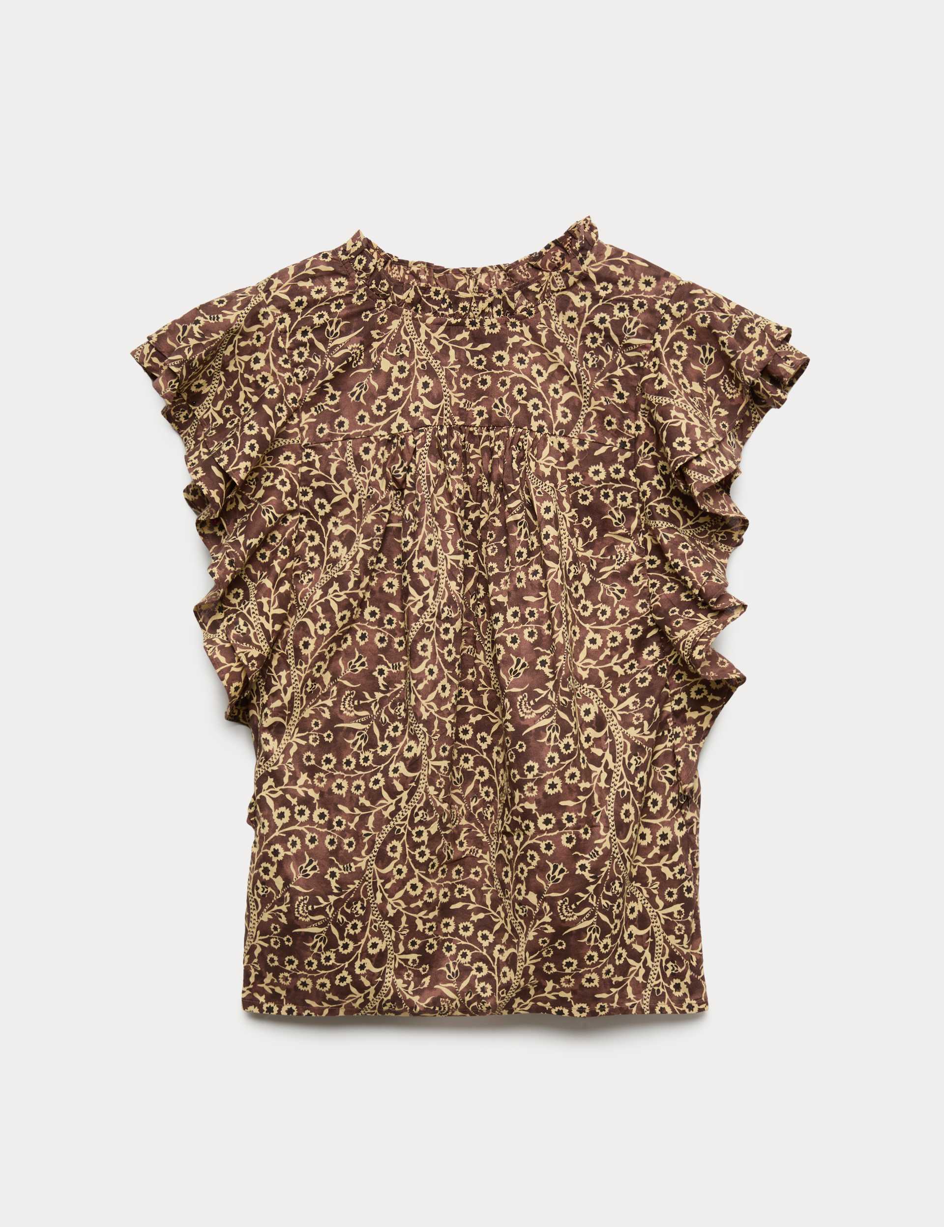 Pure Cotton Floral High Neck Ruffle Top