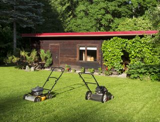 Two lawn mowers side by side in a garden