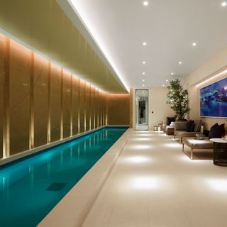 basement swimming pool with spa and white ceiling