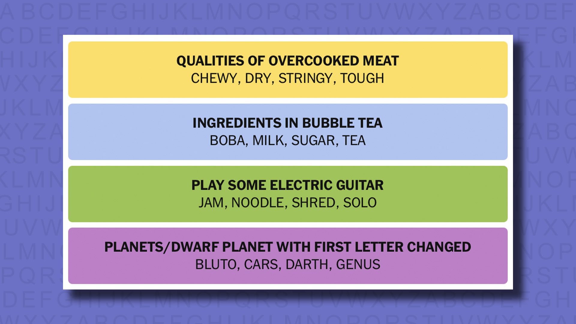 NYT Connections answers for game 693 on a purple background