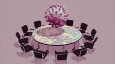 Photo collage of a negotiating table with a world map superimposed on top of it. Above it, there is a big, looming particle of the COVID-19 virus.