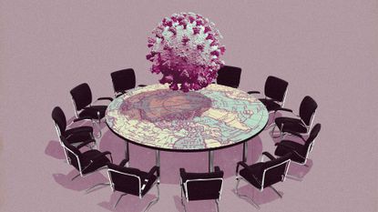 Photo collage of a negotiating table with a world map superimposed on top of it. Above it, there is a big, looming particle of the COVID-19 virus.