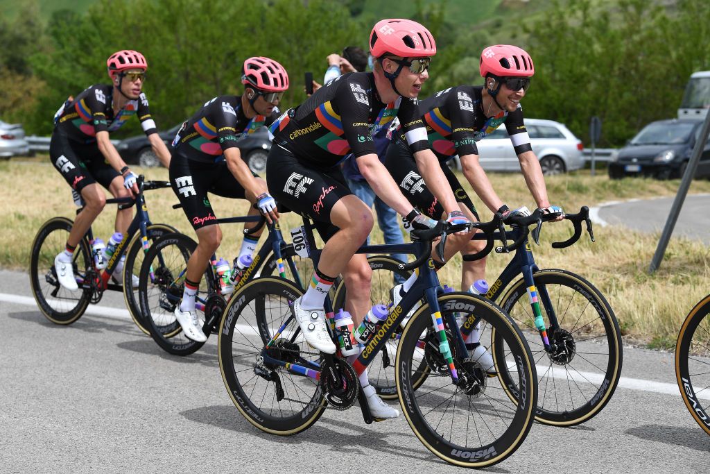 GUARDIA SANFRAMONDI ITALY MAY 15 Julius van den Berg of Belgium Jens Keukeleire of Belgium and Team EF Education Nippo during the 104th Giro dItalia 2021 Stage 8 a 170km stage from Foggia to Guardia Sanframondi 455m girodiitalia Giro UCIworldtour on May 15 2021 in Guardia Sanframondi Italy Photo by Tim de WaeleGetty Images