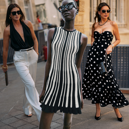 collage of fashion week attendees and zara models wearing black and white clothing