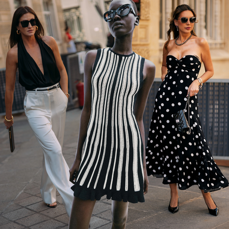 collage of fashion week attendees and zara models wearing black and white clothing