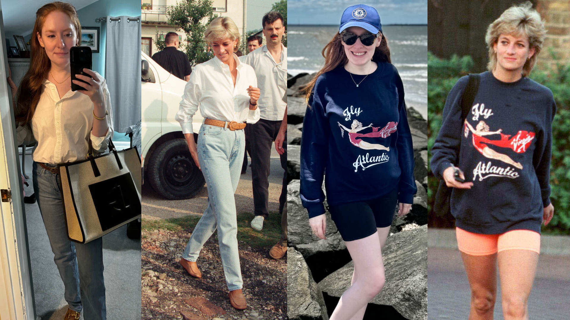 Kristin Contino wearing a white shirt and jeans, Princess Diana wearing a white shirt and jeans, Kristin Contino wearing a blue Virgin Atlantic sweatshirt and bike shorts, Princess Diana wearing a blue Virgin Atlantic sweatshirt and bike shorts