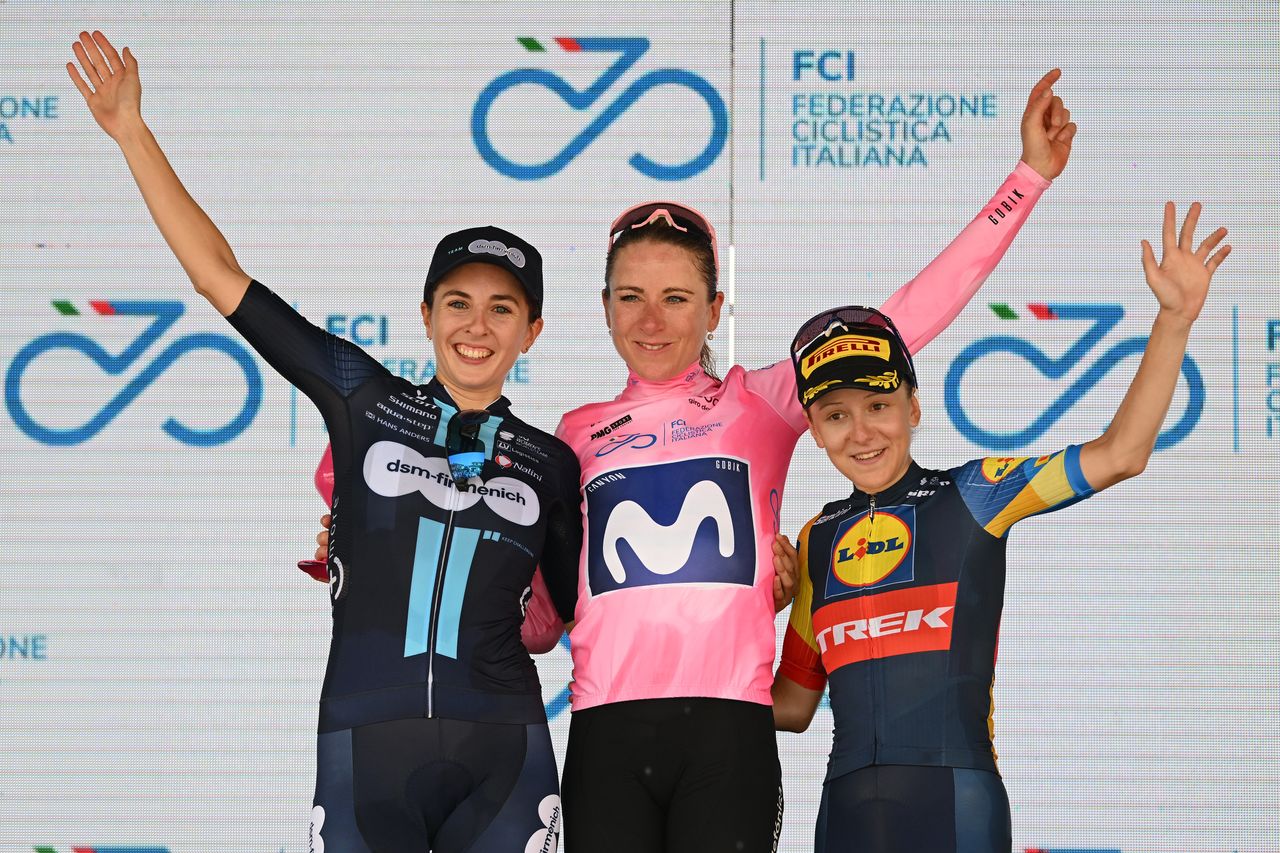 (L-R) Juliette Labous, Annemiek van Vleuten and Gaia Realini on the podium of the 2023 Giro d&#039;Italia Donne