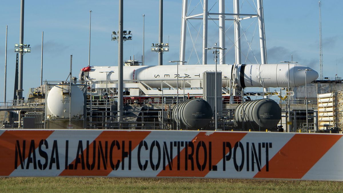 A Northrop Grumman Antares rocket arrives at launch Pad-0A, Tuesday, Oct. 29, 2019, at NASA's Wallops Flight Facility in Virginia.