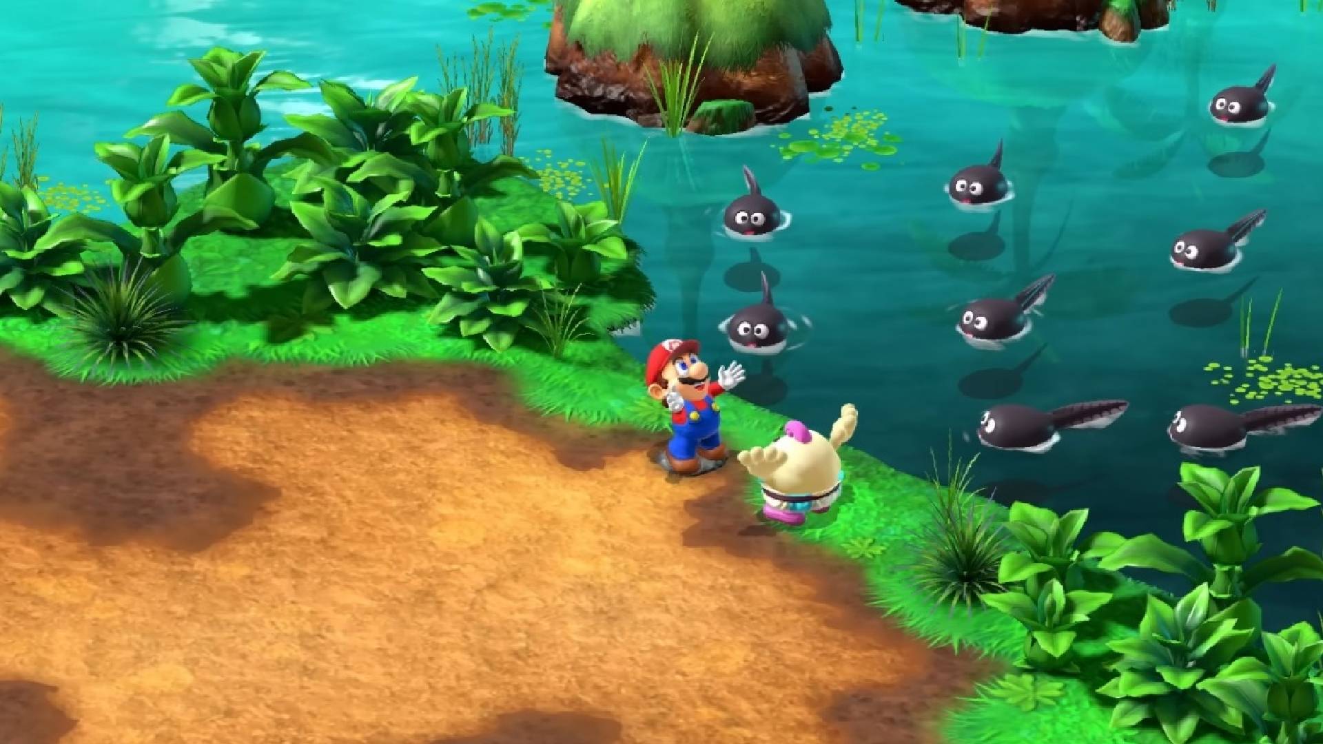 Mario and Mallow by a pond in Super Mario RPG Remake