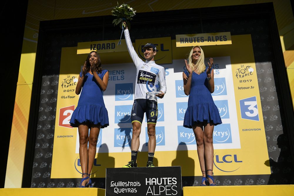 Simon Yates in the white jersey after stage 18 at the Tour de France