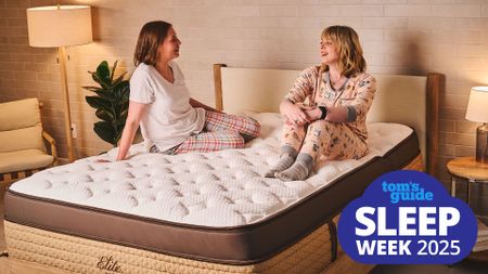 Two women sit on the Helix Midnight Elite mattress as they look for the right mattress for their sleep position, a Tom's Guide Sleep Awareness Week deals graphic (right)