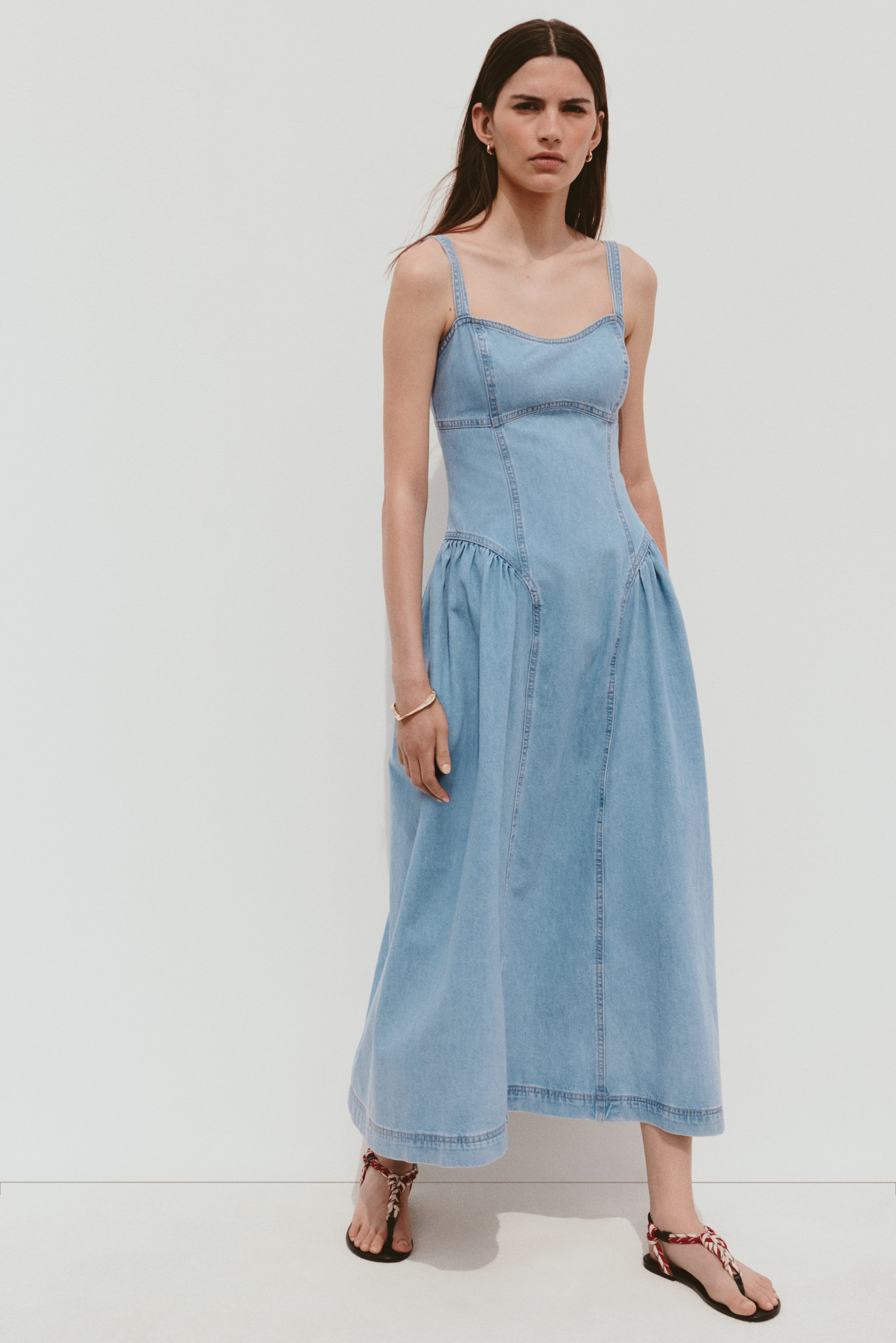 Flared-Skirt Denim Dress