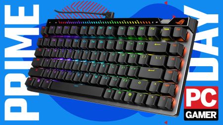 An image of an Asus ROG Falchion Ace 75 HE gaming keyboard against a stylized blue background, with Prime Day and a PC Gamer logo on the sides