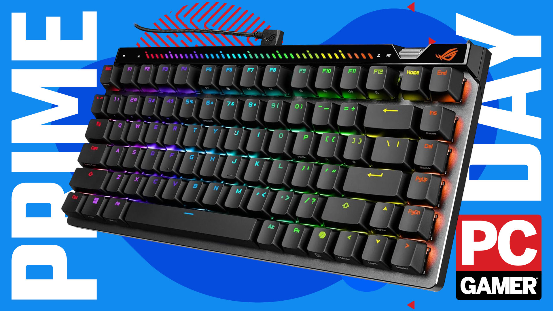 An image of an Asus ROG Falchion Ace 75 HE gaming keyboard against a stylized blue background, with Prime Day and a PC Gamer logo on the sides