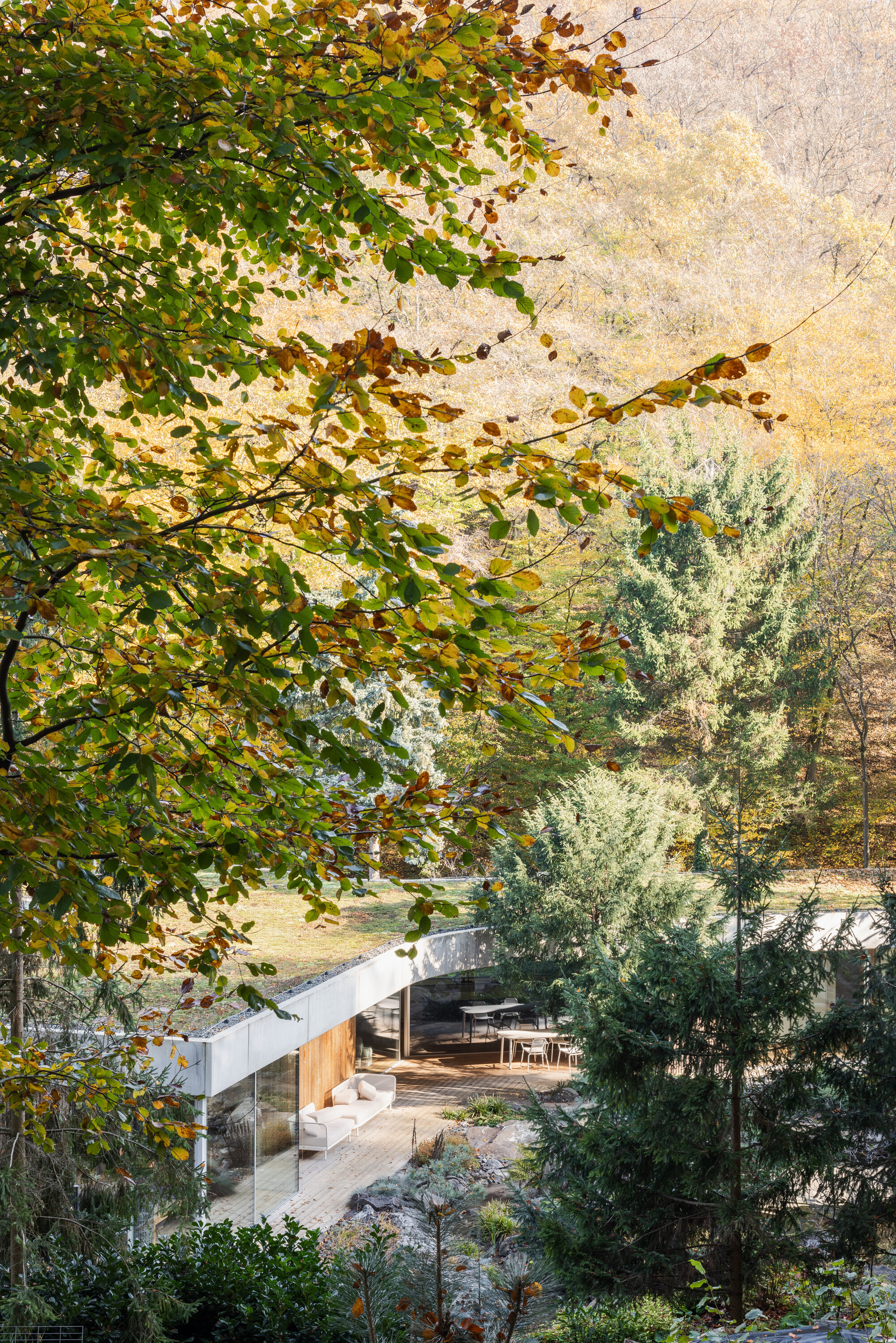 The Banánka house is embedded in a mature landscape