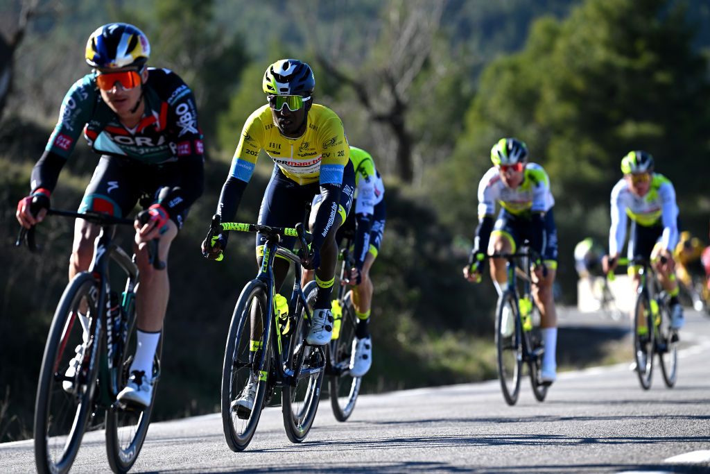 ALTO DE PINOS SPAIN FEBRUARY 02 Biniam Girmay of Eritrea and Team Intermarche Circus Wanty Yellow Leader Jersey competes during the 74th Volta a la Comunitat Valenciana 2023 Stage 2 a 1782km stage from Novelda to Alto de Pinos 621m VCV2023 VoltaValenciana on February 02 2023 in Alto de Pinos Spain Photo by Dario BelingheriGetty Images