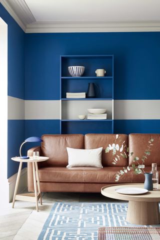 blue and white colour block colours in a living room with a leather sofa