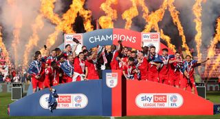 Leyton Orient celebrate with the trophy after the Sky Bet League Two match between Leyton Orient and Stockport County at The Breyer Group Stadium on April 29, 2023 in London, United Kingdom. (Photo by Henry Browne/Getty Images)