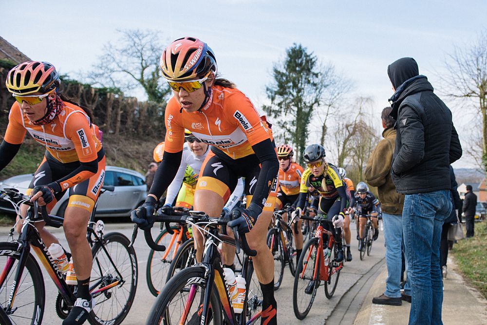 Romy Kasper on the second of five ascents of the climb on the local lap - 2016 Omloop van het Hageland - Tielt-Winge