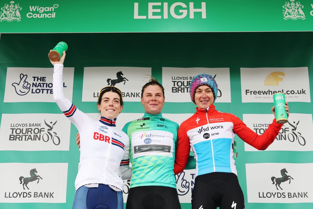 2024 Tour of Britain Women final podium (l-r): second place Anna Henderson (Team Great Britain), winner Lotte Kopecky (SD Worx-Protime) and third place Christine Majerus (SD Worx-Protime)