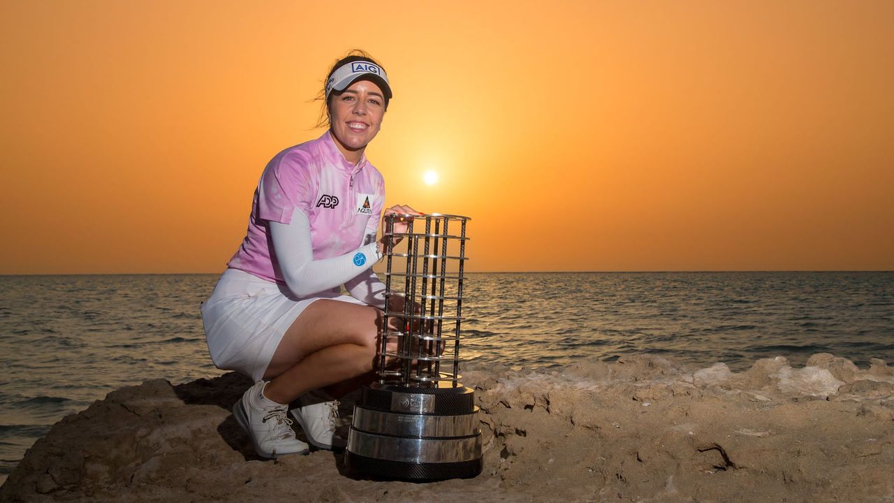 Georgia Hall with the trophy after winning the 2022 Aramco Saudi Ladies International