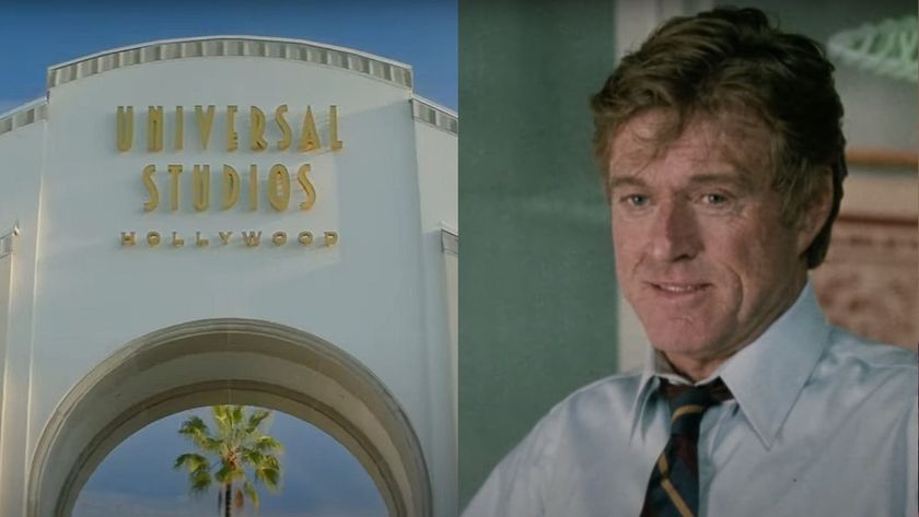 Universal Studios Hollywood entrance arch/Robert Redford smiling in Sneakers