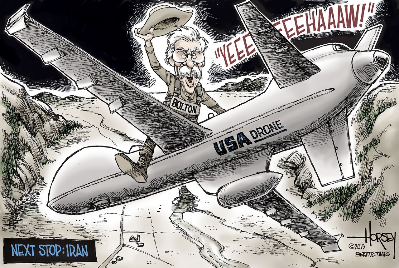 Political Cartoon U.S. Bolton Trump War Iran Drone