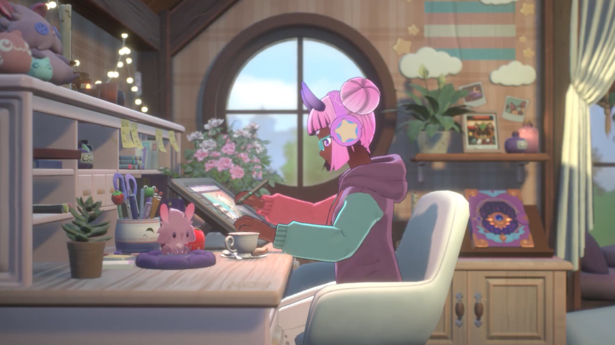 Screenshot from Spirit City&#039;s trailer, showing a character studying at a desk