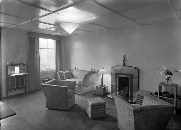 Black and white photographs of a minimalist Art Deco interior