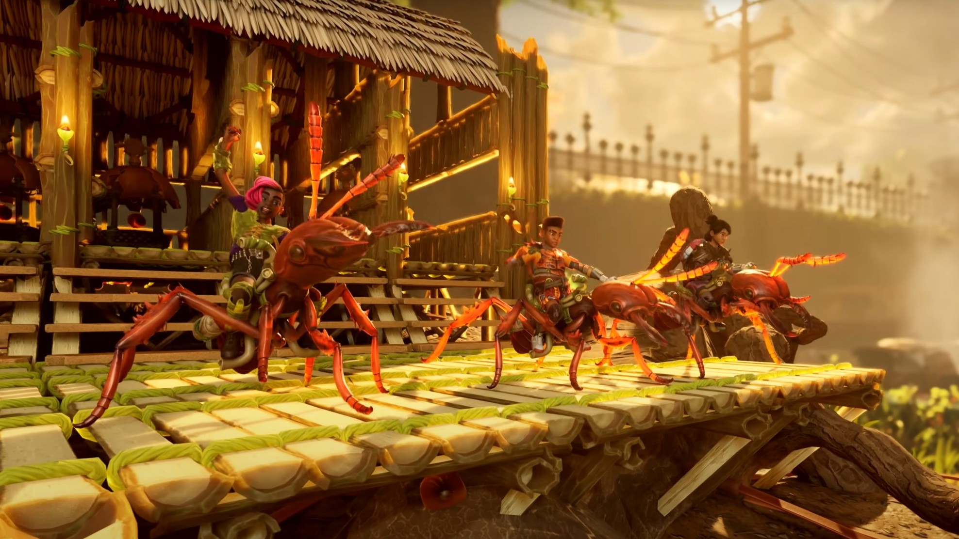 Three of the playable kid protagonists from Grounded 2. They're lined up along a ledge all riding Red Ant mounts.