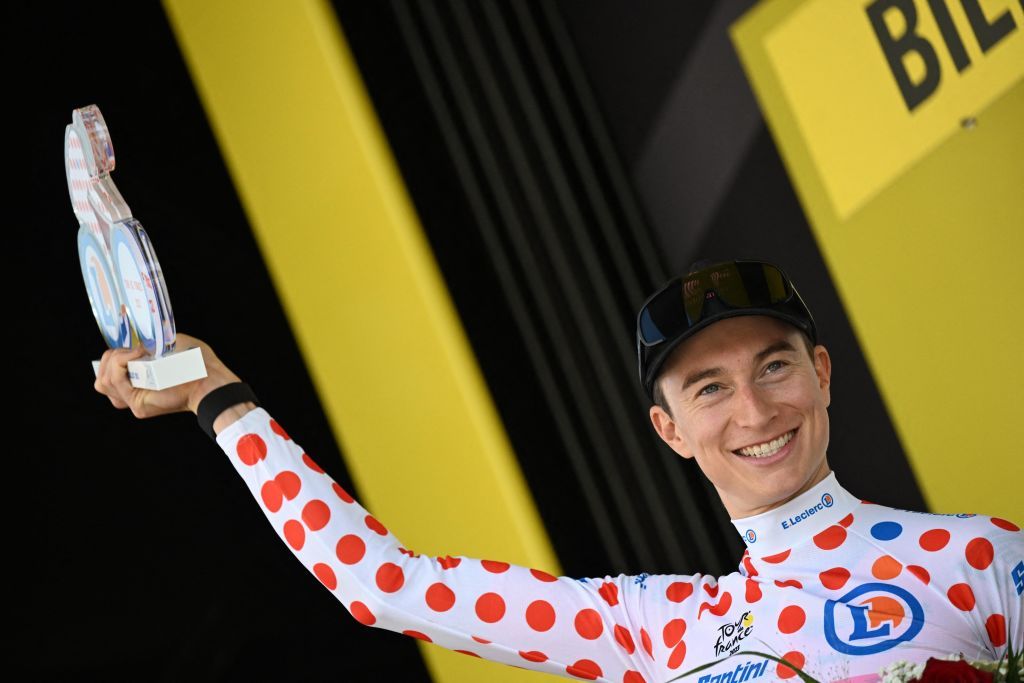 US Neilson Powless of EF EducationEasyPost celebrates in the red polkadot jersey for best climber after the first stage of the Tour de France cycling race a 182 km race from Bilbao to Bilbao Spain Saturday 01 July 2023 This years Tour de France takes place from 01 to 23 July 2023 BELGA PHOTO JASPER JACOBS Photo by JASPER JACOBS BELGA MAG Belga via AFP Photo by JASPER JACOBSBELGA MAGAFP via Getty Images