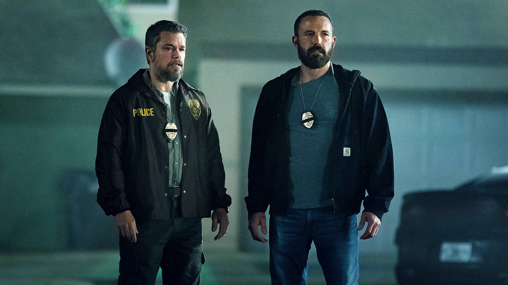 Matt Damon as Lieutenant Dane Dumars and Ben Affleck as Det Sergeant J.D. Byrne in "The Rip" on Netflix