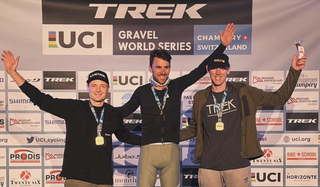 Pro men's podium at 2024 Alpine Gravel Challenge (L to R): Petr Vakoč (Canyon Integray L27) in second, winner Hugo Drechou (Groove Gravel) and Torbjørn Andre Røed (Trek Driftless) third