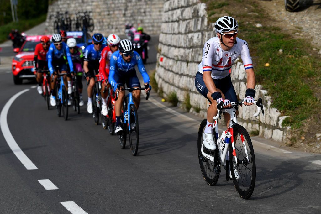 LAGHI DI CANCANO ITALY OCTOBER 22 Ben Swift of The United Kingdom and Team INEOS Grenadiers Breakaway during the 103rd Giro dItalia 2020 Stage 18 a 207km stage from Pinzolo to Laghi di Cancano Parco Nazionale dello Stelvio 1945m girodiitalia Giro on October 22 2020 in Laghi di Cancano Italy Photo by Tim de WaeleGetty Images