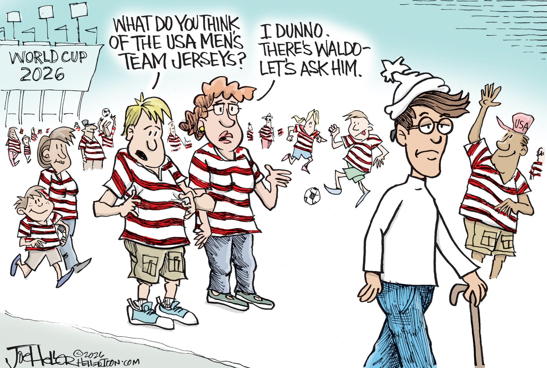 A group of American World Cup fans in striped shirts is outside a stadium. One says, &amp;ldquo;What do you think of the USA men&amp;rsquo;s team jerseys?&amp;rdquo; A woman responds, &amp;ldquo;I dunno. There&amp;rsquo;s Waldo-let&amp;rsquo;s ask him.&amp;rdquo; Waldo is wearing a plain, unstriped shirt instead of his usual stripes.